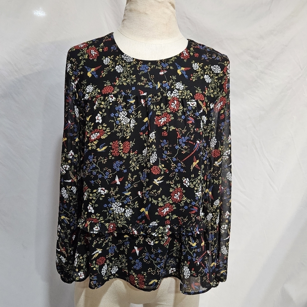 Madewell Sheer-Sleeve Ruffle Peplum Top in Finch Floral in M